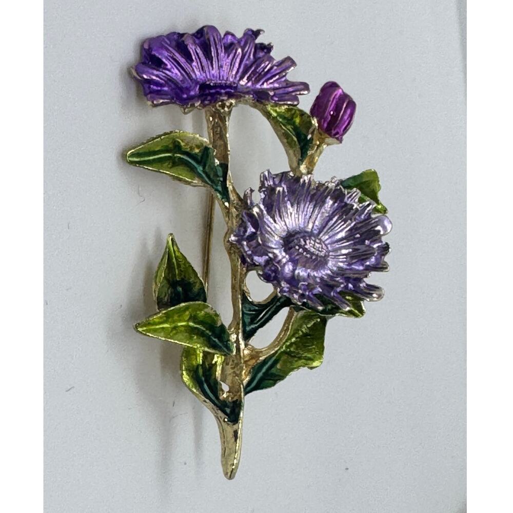 Vintage Purple & Green Enamel Flower Brooch, gardening, MCM quiet luxury